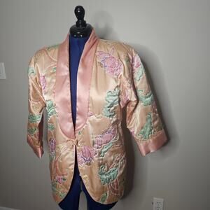 Vtg Victoria's Secret Gold Label satin quilted jacket floral print pink lapels